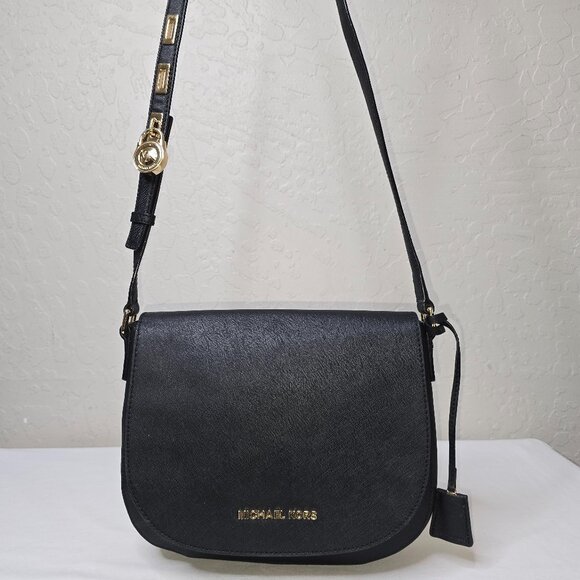 Michael Kors Hamilton Black Saffiano Leather Crossbody Flap Messenger Bag - Picture 1 of 13